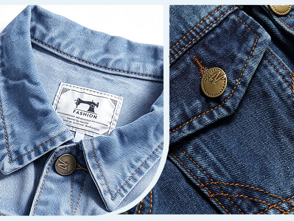 Close-up of HRYCDENNB denim construction — collar label, metal buttons and reinforced pocket stitching