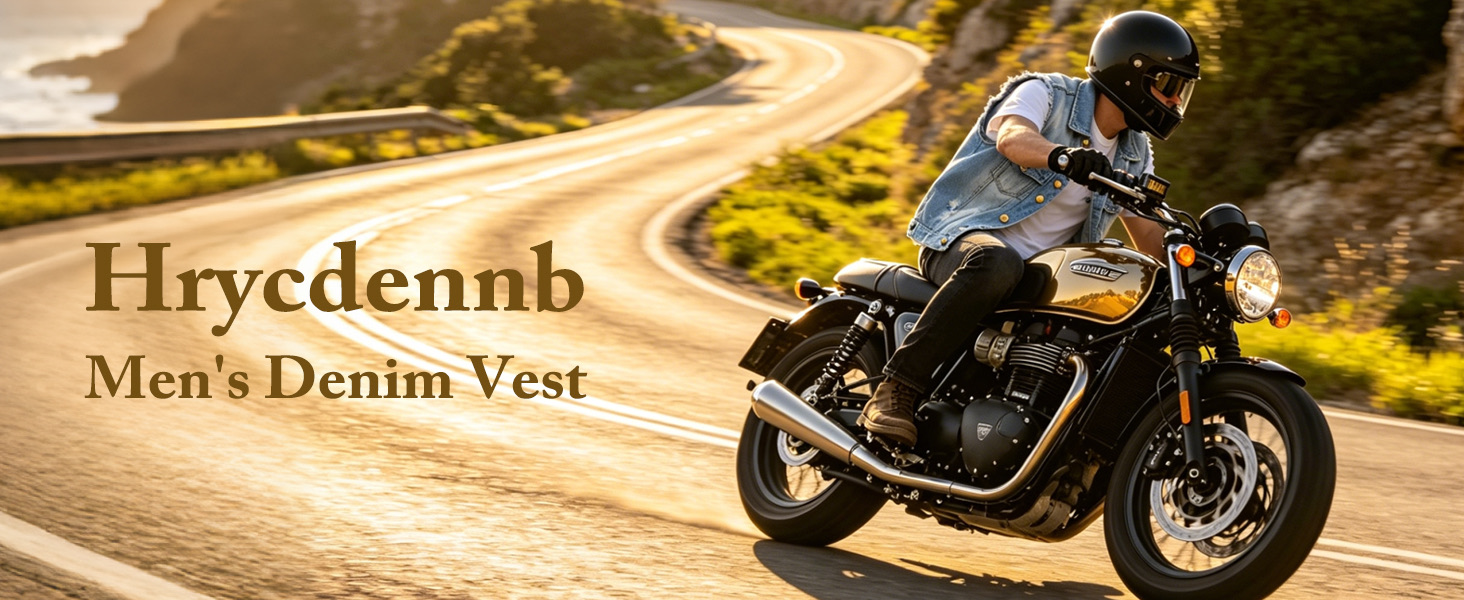 HRYCDENNB men's denim jean vest worn on a motorcycle ride along a mountain road