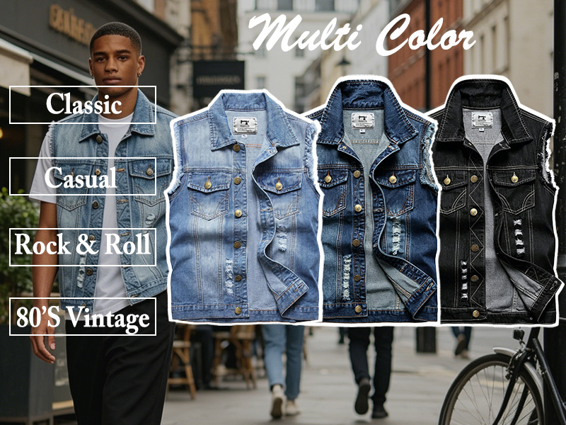 HRYCDENNB denim jean vest in three washes — light indigo, dark indigo and black — worn over a tee